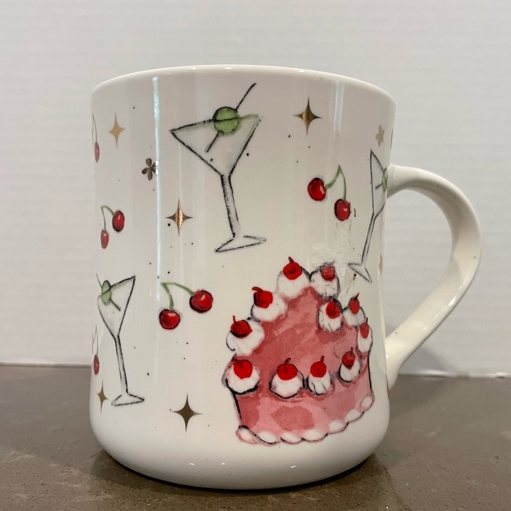 Whimsical White Mug with Cherry and Cake Design